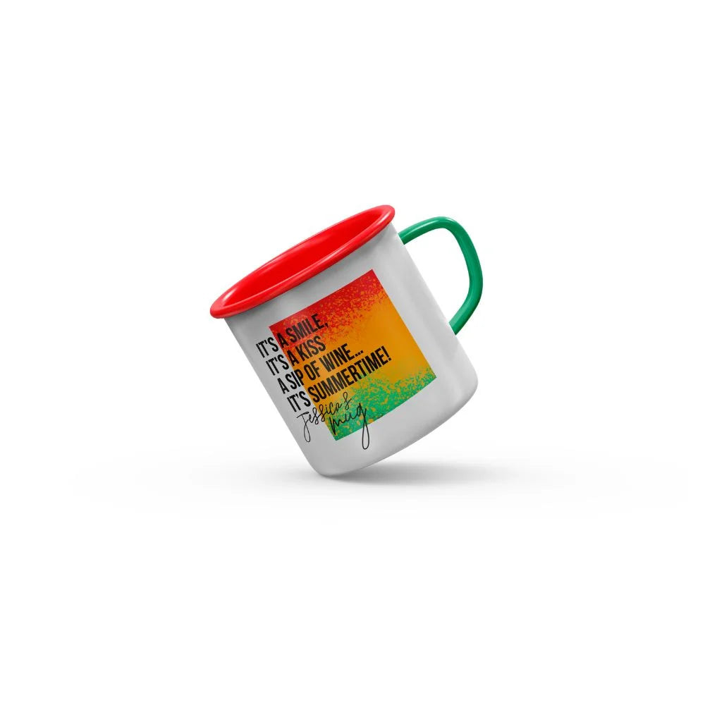 Printed ceramic mug with red rim showing color transfer output from the icolor 560 printer