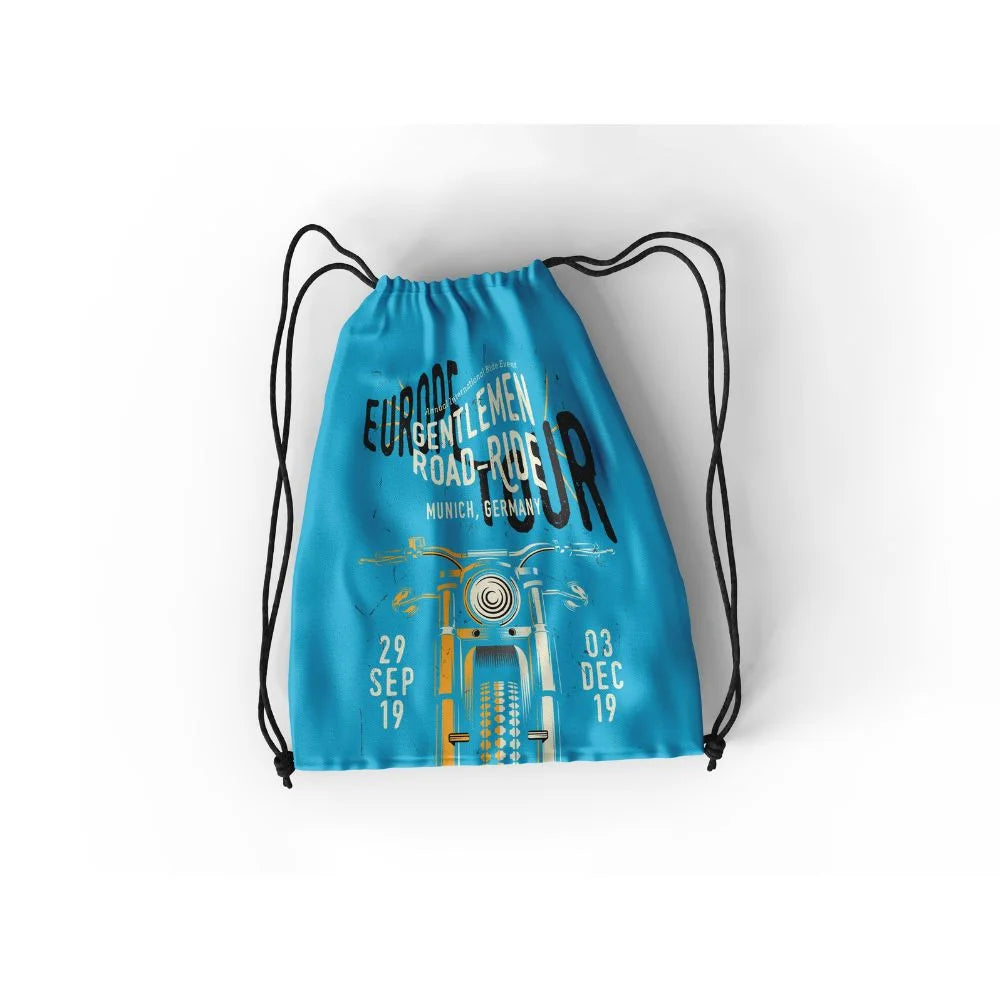 Blue drawstring bag with motorcycle tour print showing fabric transfer output from the icolor 560