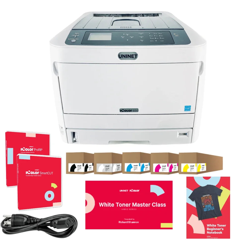 All included accessories laid out around the uninet 650 printer including five toner cartridges and RIP software