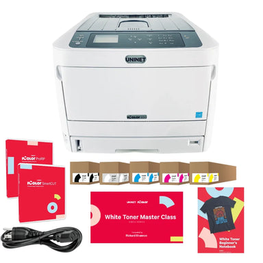 All included accessories laid out around the uninet 650 printer including five toner cartridges and RIP software