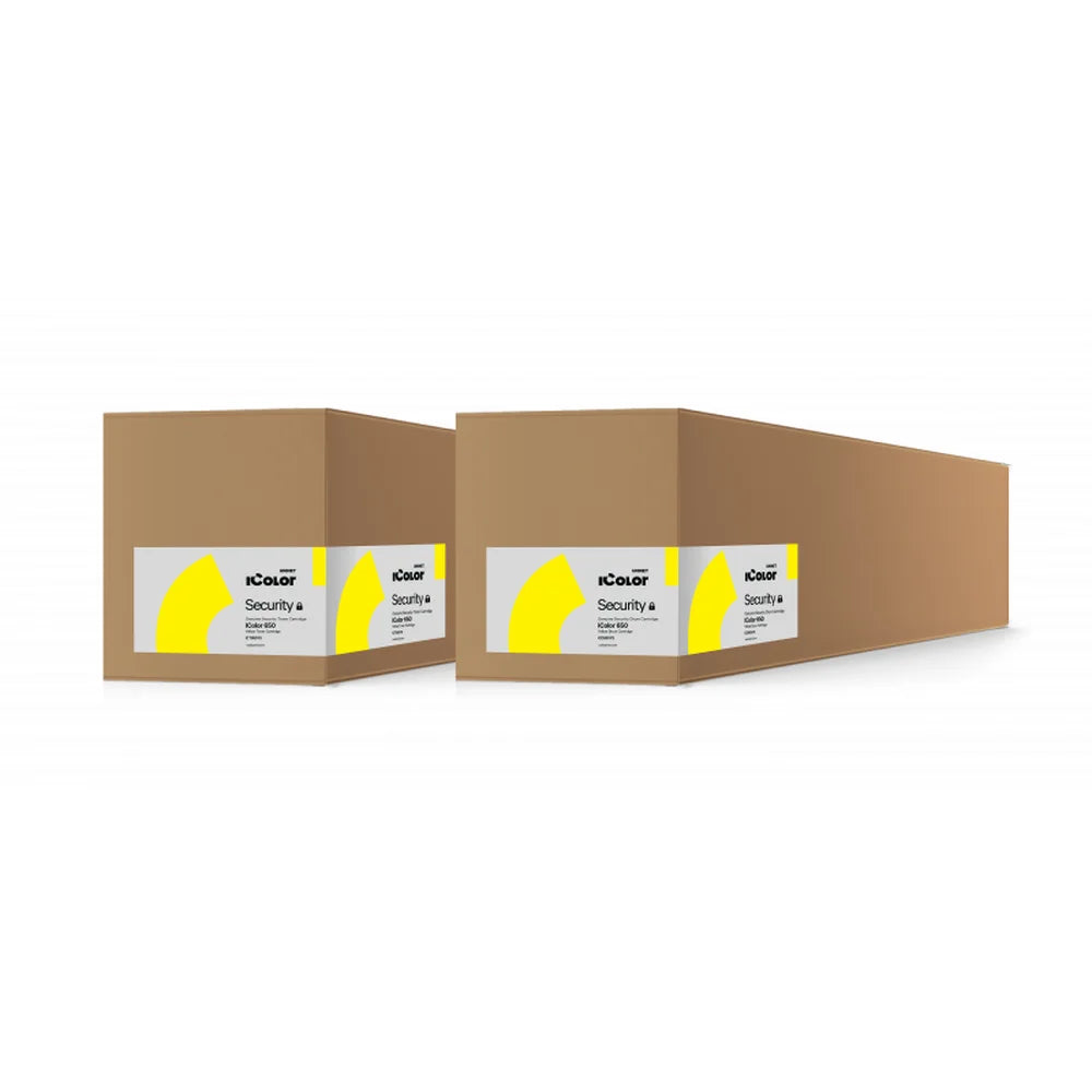 Two labeled cardboard boxes for the IColor 650 Yellow Security cartridge shown angled on a clean white studio background