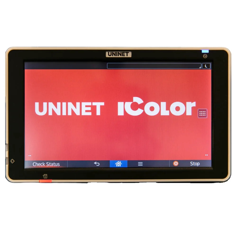 Close-up of the uninet icolor 800w 10.1 inch smart touchscreen panel showing the home screen and navigation bar