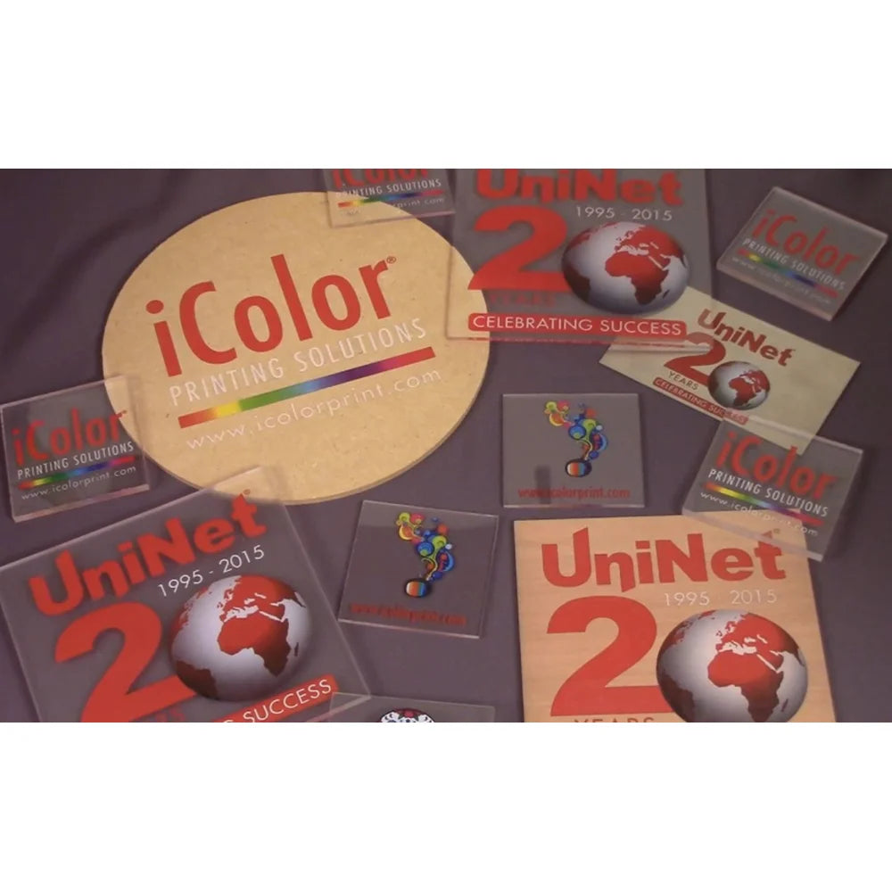 Printed acrylic tiles, wood coaster and logo samples made with the UNINET IColor Hard Surface Sample Paper Kit