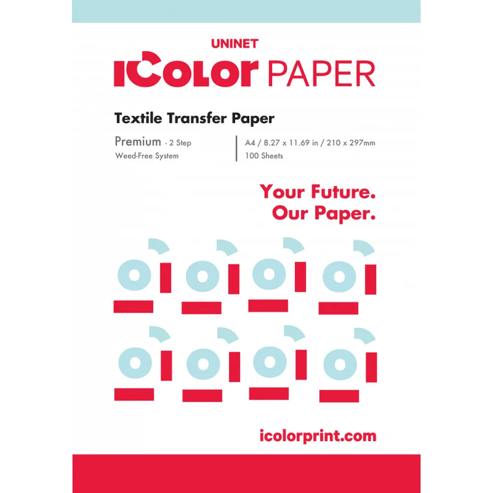 Front label spec graphic for IColor Premium 2-Step Transfer and Adhesive Paper A4 listing weed-free system and 100 sheets