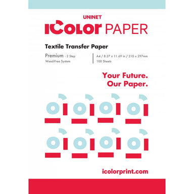 Front label spec graphic for IColor Premium 2-Step Transfer and Adhesive Paper A4 listing weed-free system and 100 sheets