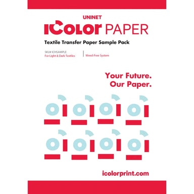 IColor Textile Transfer Sample Kit red and white cover sheet showing UNINET branding, SKU ICHSAMPLE and weed-free system note