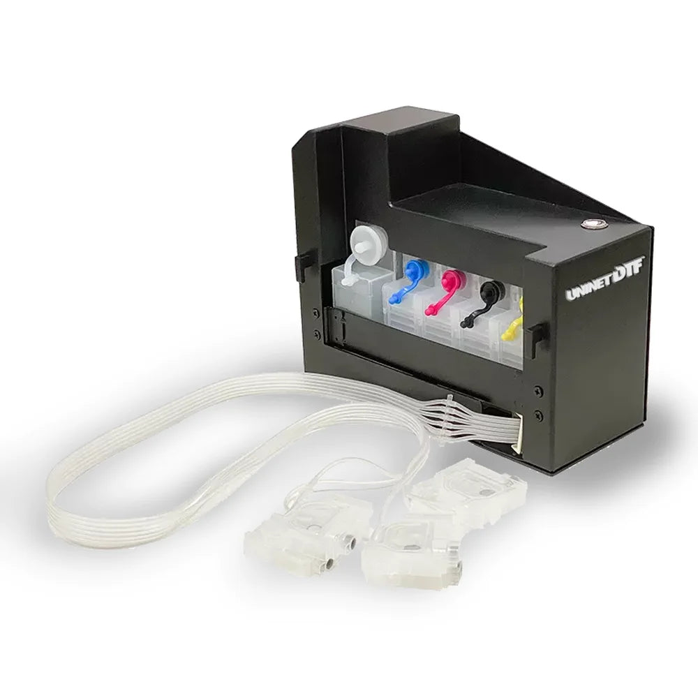 A standalone external CMYKW tank for the Icolorprint DTF 100 displays five reservoirs, ports, and tubing on white