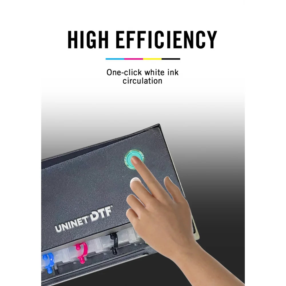 A hand presses the illuminated white ink circulation button on the external tank of the Icolorprint DTF 100