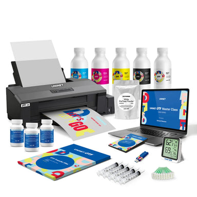 The Icolorprint DTF 100 package includes CMYKW inks, powder, film, syringes, hygrometer, and a training laptop