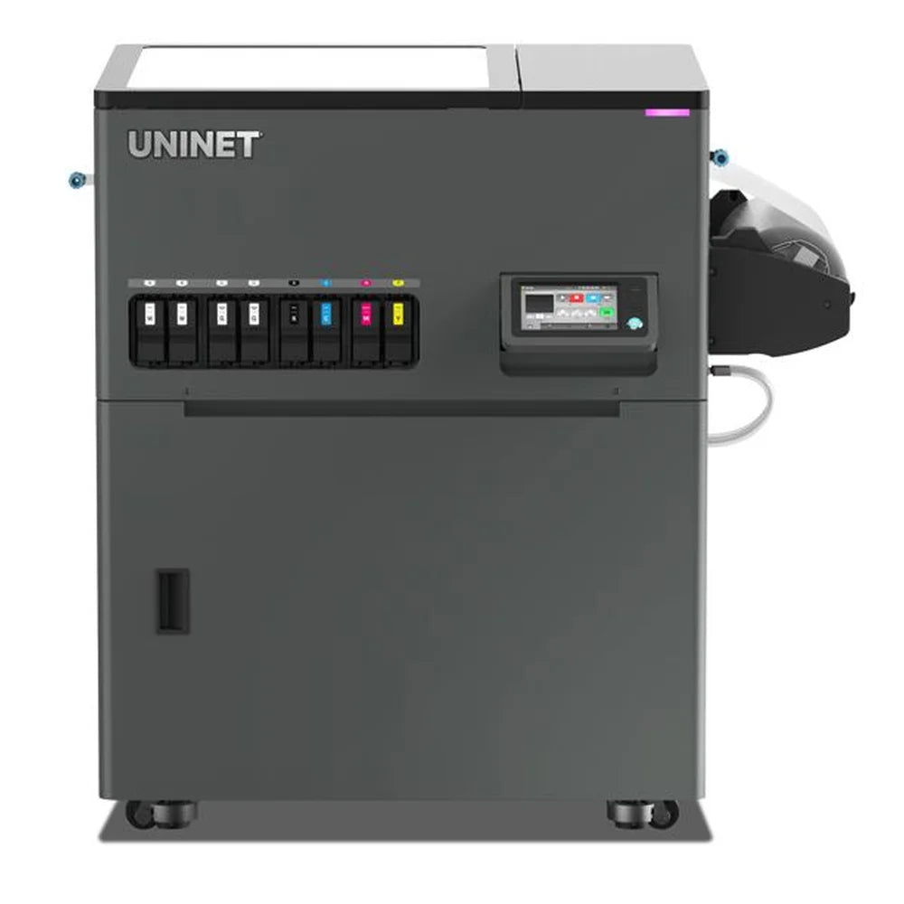 Front view of the Icolorprint UNINET DTF Xpress showing eight ink cartridges, touchscreen and media roll on white
