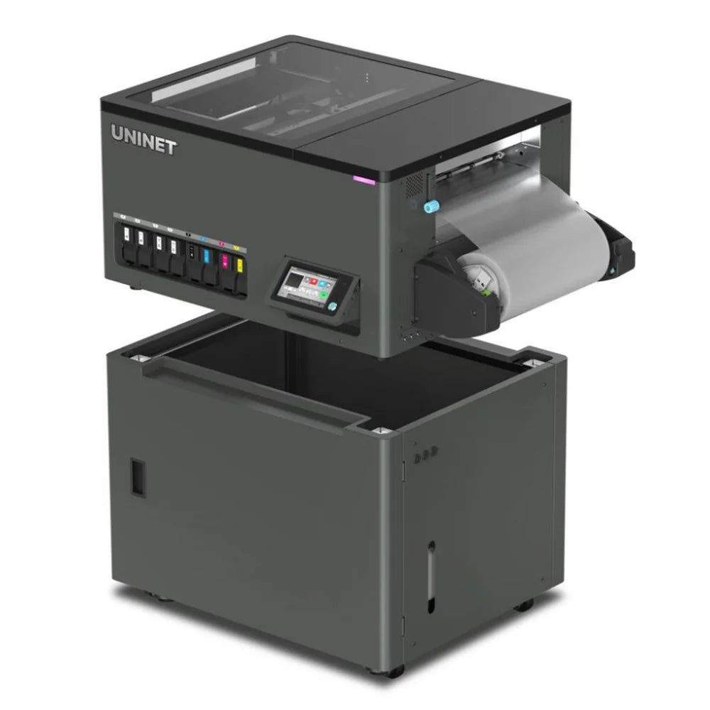 Icolorprint UNINET DTF Xpress Printer with upper print unit lifted off the lower wheeled storage cart showing modular build