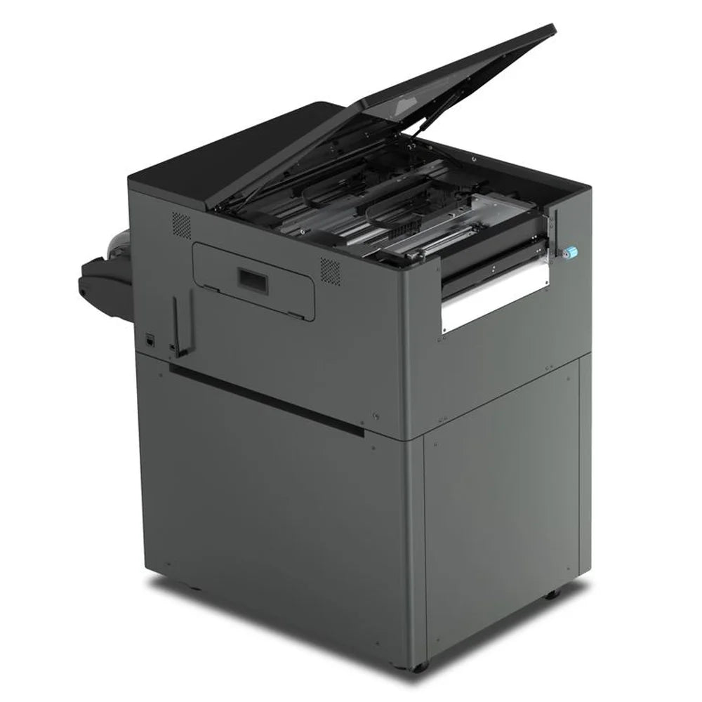 Rear angle of the Icolorprint UNINET DTF Xpress with lid raised exposing internal print head assembly and heater bed