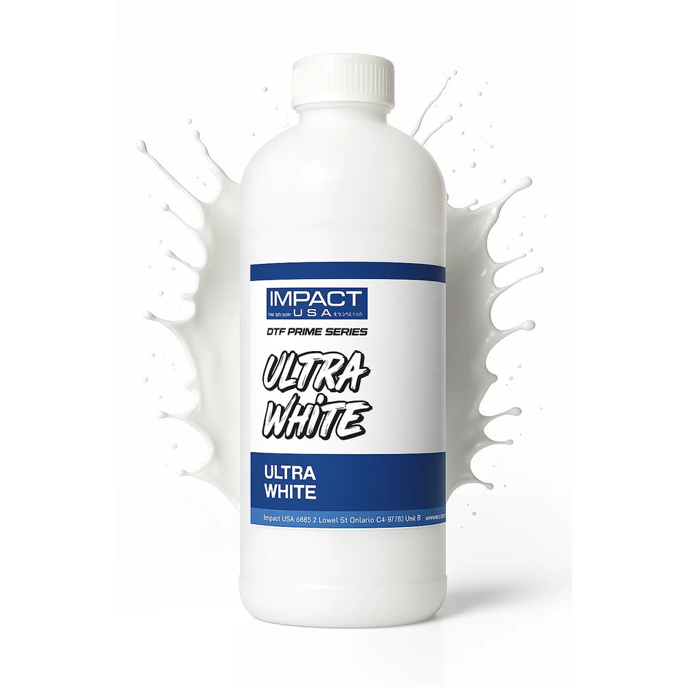 Front bottle view of Inkjet Parts DTF White Ink 1kg with Impact USA Ultra White Prime Series label