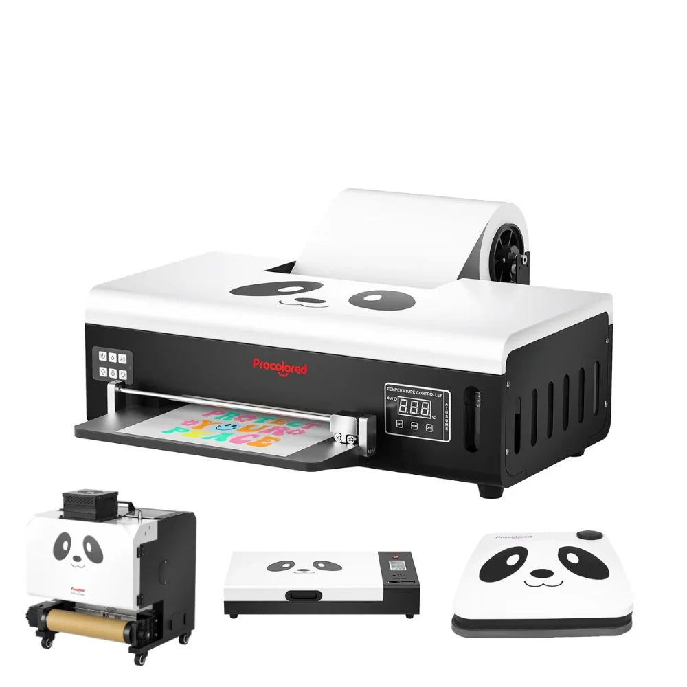 Angled procolored f8 panda dtf printer with roll film beside shaker, top view, and heat press insets
