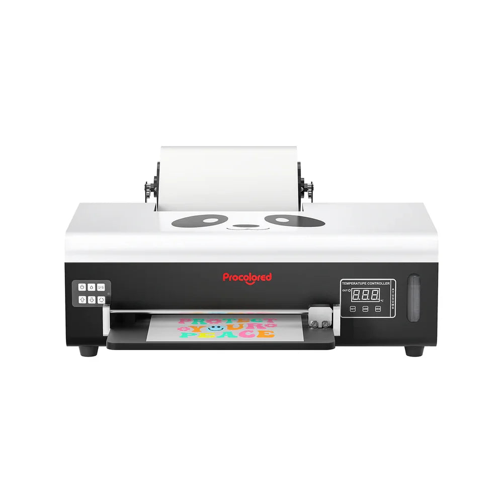 Straight-on front view of the procolored a4 dtf printer with panda lid, roll film, and colorful printed transfer