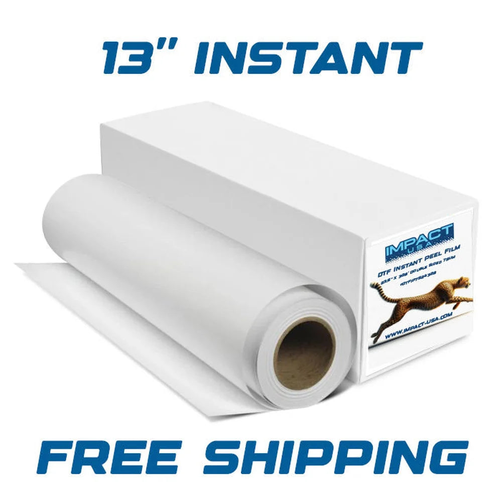 A 13-inch roll and box show Impact 13 x 328 Double Sided Instant Peel DTF Film with instant-peel labeling