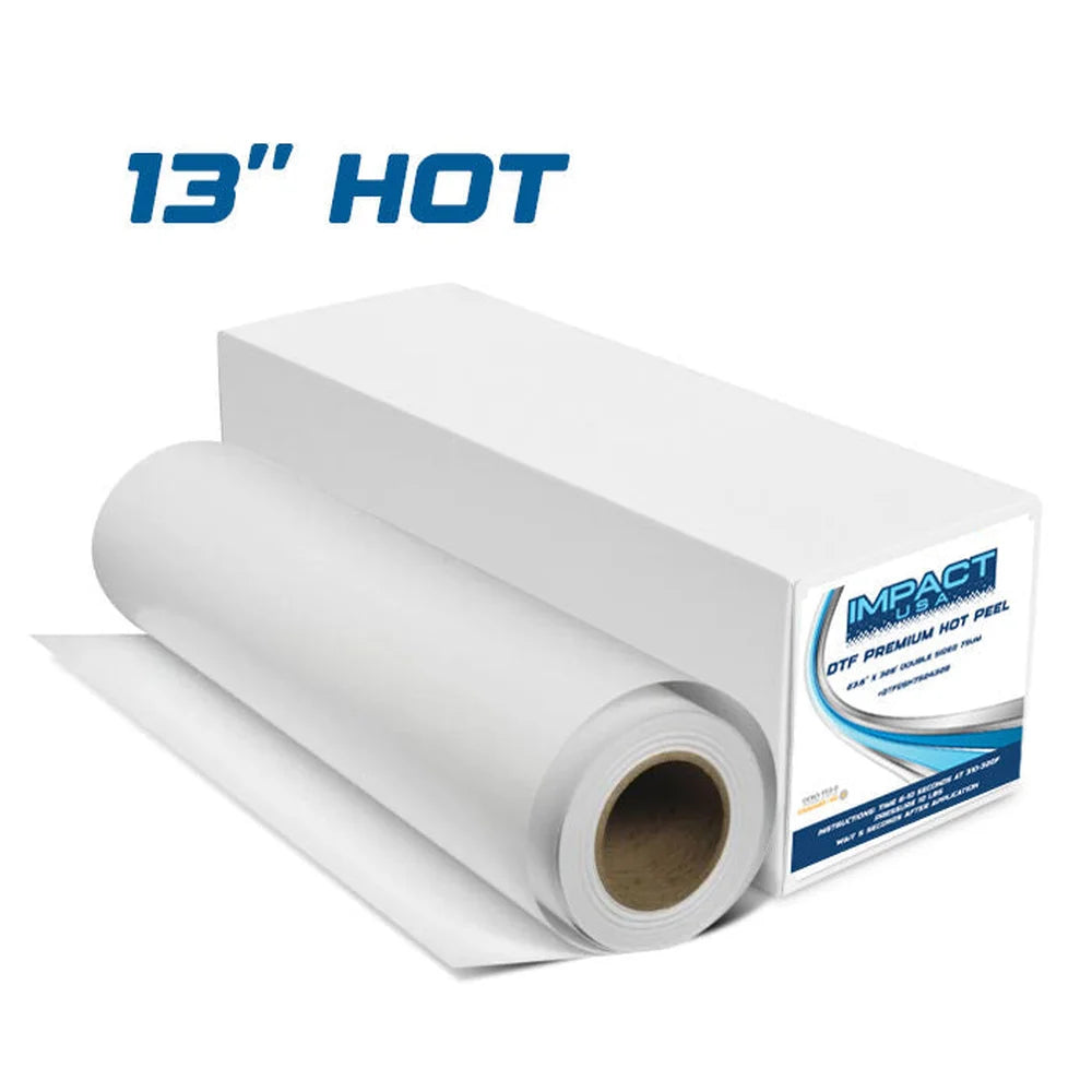 White roll and labeled carton for Inkjet Parts Impact Double Sided Hot Peel 13 Inch DTF Film on a white backdrop