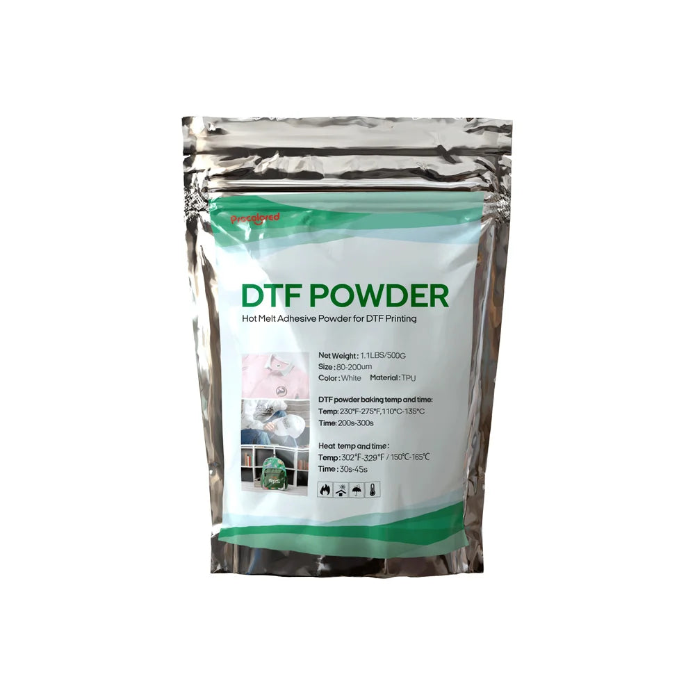 Resealable 500G pouch of Procolored DTF Hot Melt Powder with silver edges and a green front label