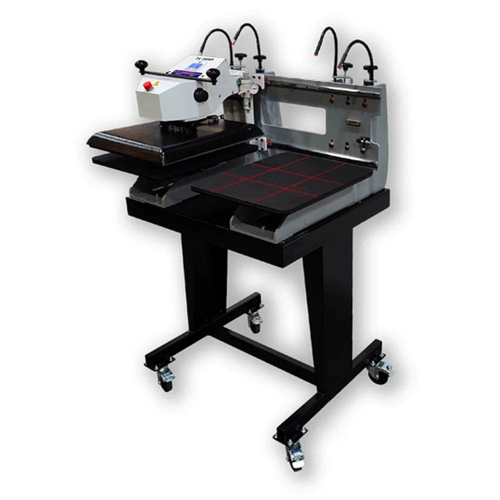 Angled view of the Geo Knight DK20SPT Heat Press on a caster stand with dual sliding tables and laser crosshair lines