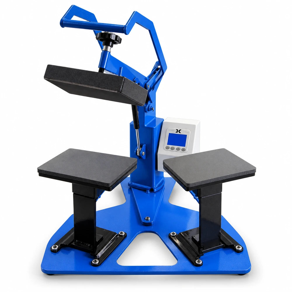 Low front angle of the Geo Knight DK8T Label Press Machine with open head and two black lower tables