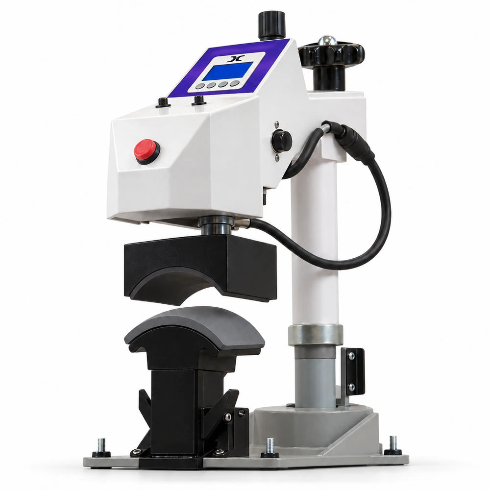 Low angle look at the Geo Knight DC7AP Swing Away Heat Press Machine with curved platen open over the form