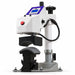 Low angle look at the Geo Knight DC7AP Swing Away Heat Press Machine with curved platen open over the form
