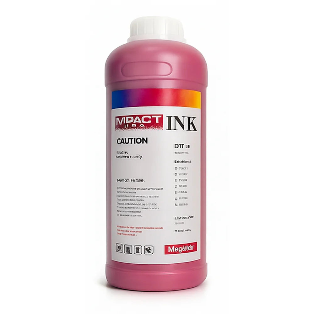 Magenta Impact Prime DTF CMYK-W Ink 1kg bottle with front label and white screw cap on white