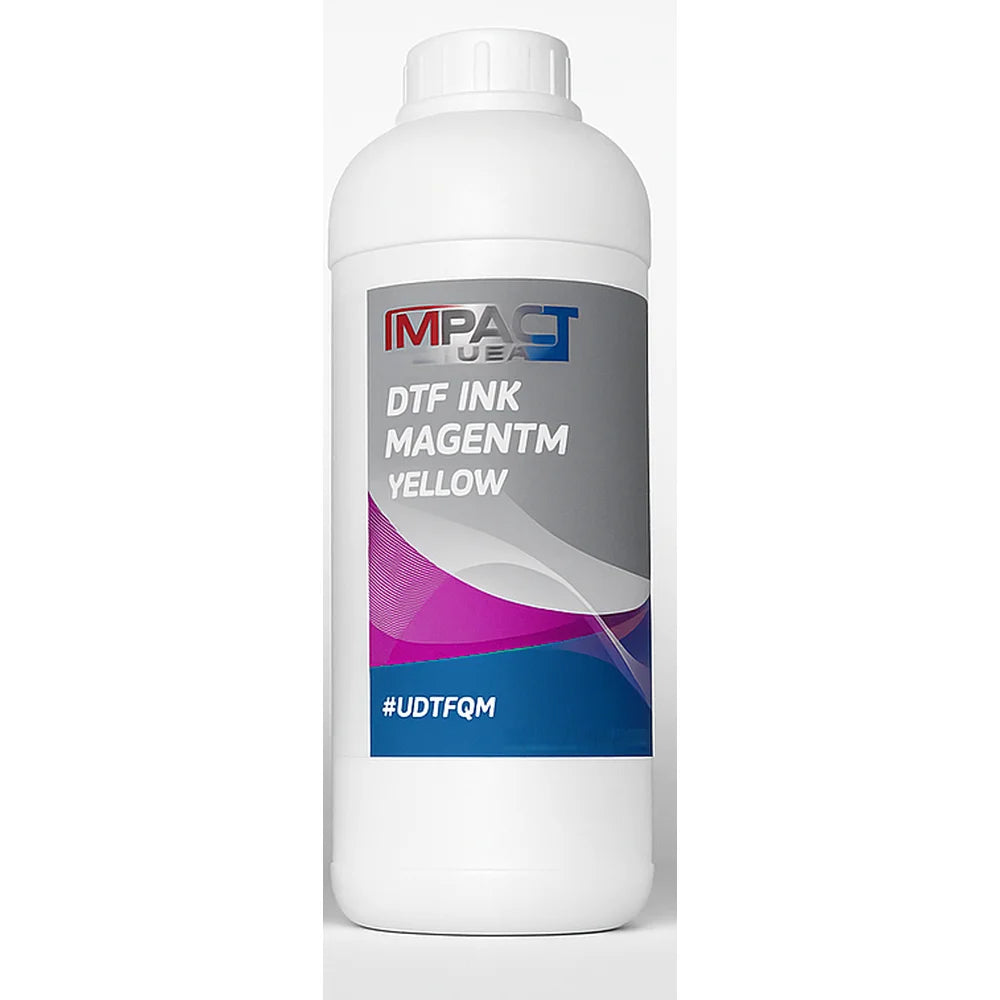 Front view of the magenta Impact Quantum DTF CMYK Ink 1kg bottle with purple and pink label waves