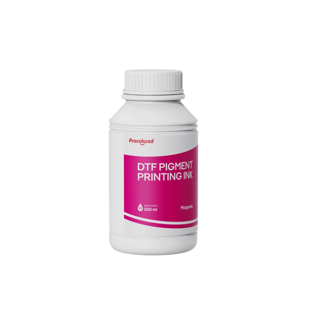 Front view of a magenta Procolored 500ml DTF Printer Ink bottle with a pink label and white cap