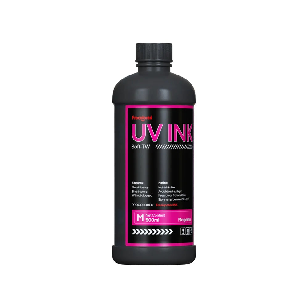 Magenta-labeled bottle of Procolored 500ml UV DTF Printer Ink shown from the front in a 500ml size