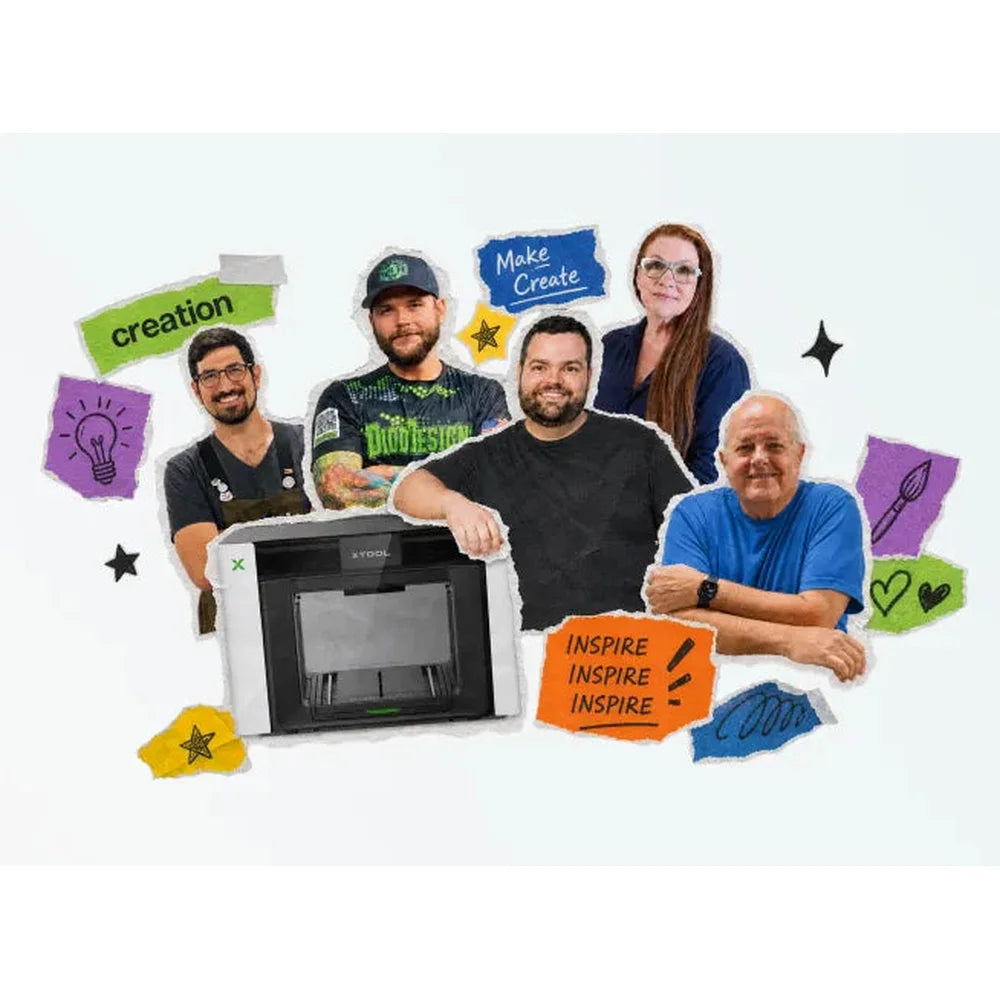 Five makers gather around the xTool O1 Omni Printer 4-in-1 with colorful creative notes