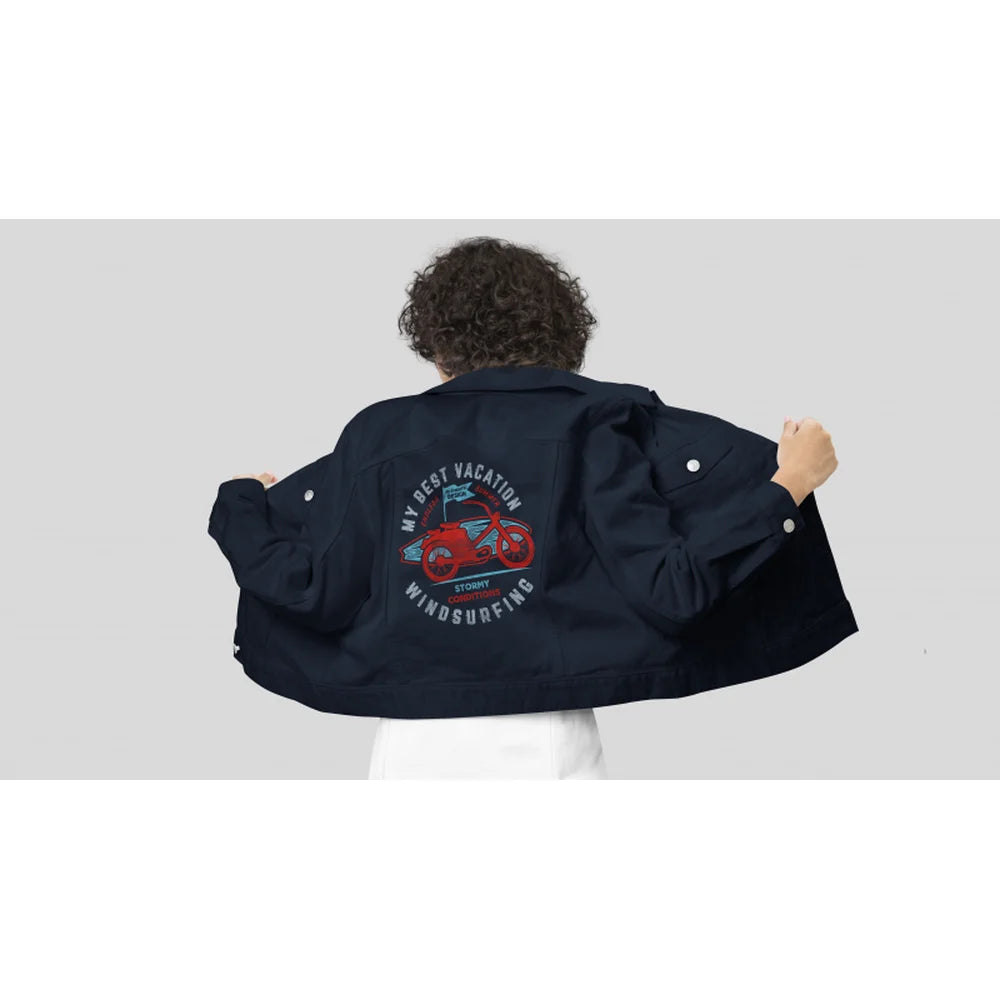 Person displaying a motorcycle jacket graphic printed with the IColor 650 White Toner Printer