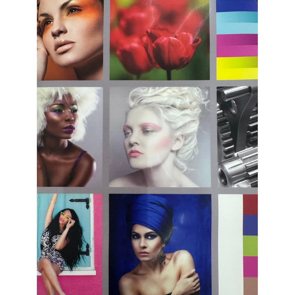 Portrait and flower print made with Impact Quantum 1kg CMYK DTF Ink beside color and grayscale tests