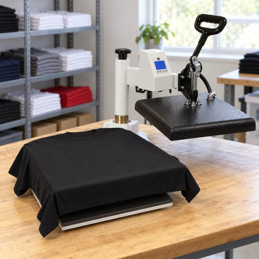 Black tee laid on the lower platen of a Geo Knight DK14S Transfer Press Machine in a shop with stocked shirt shelves