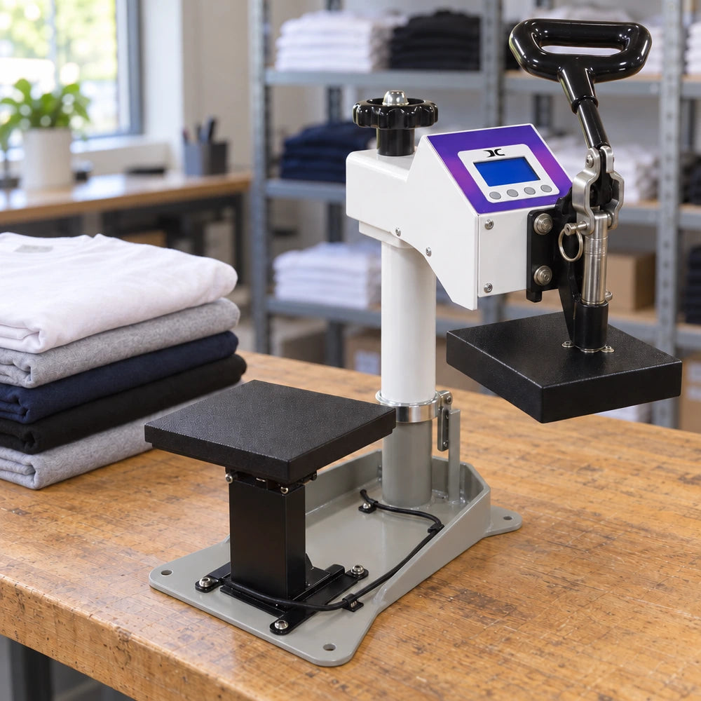 Geo Knight DC8 Heat Press Machine set on a wooden shop bench beside stacks of folded t shirts, head swung open