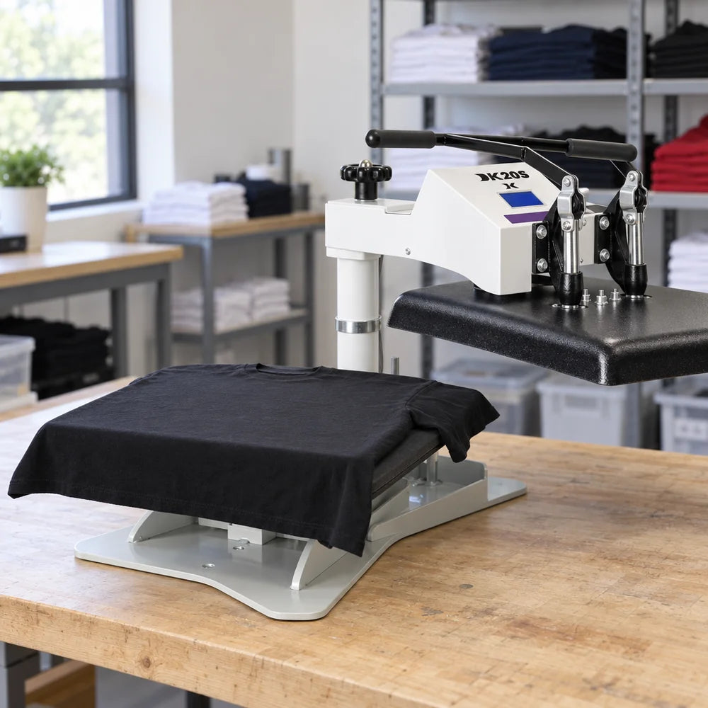 Black tee laid on the open table of the Geo Knight DK20S Digital Swing Away on a wood bench in a print shop