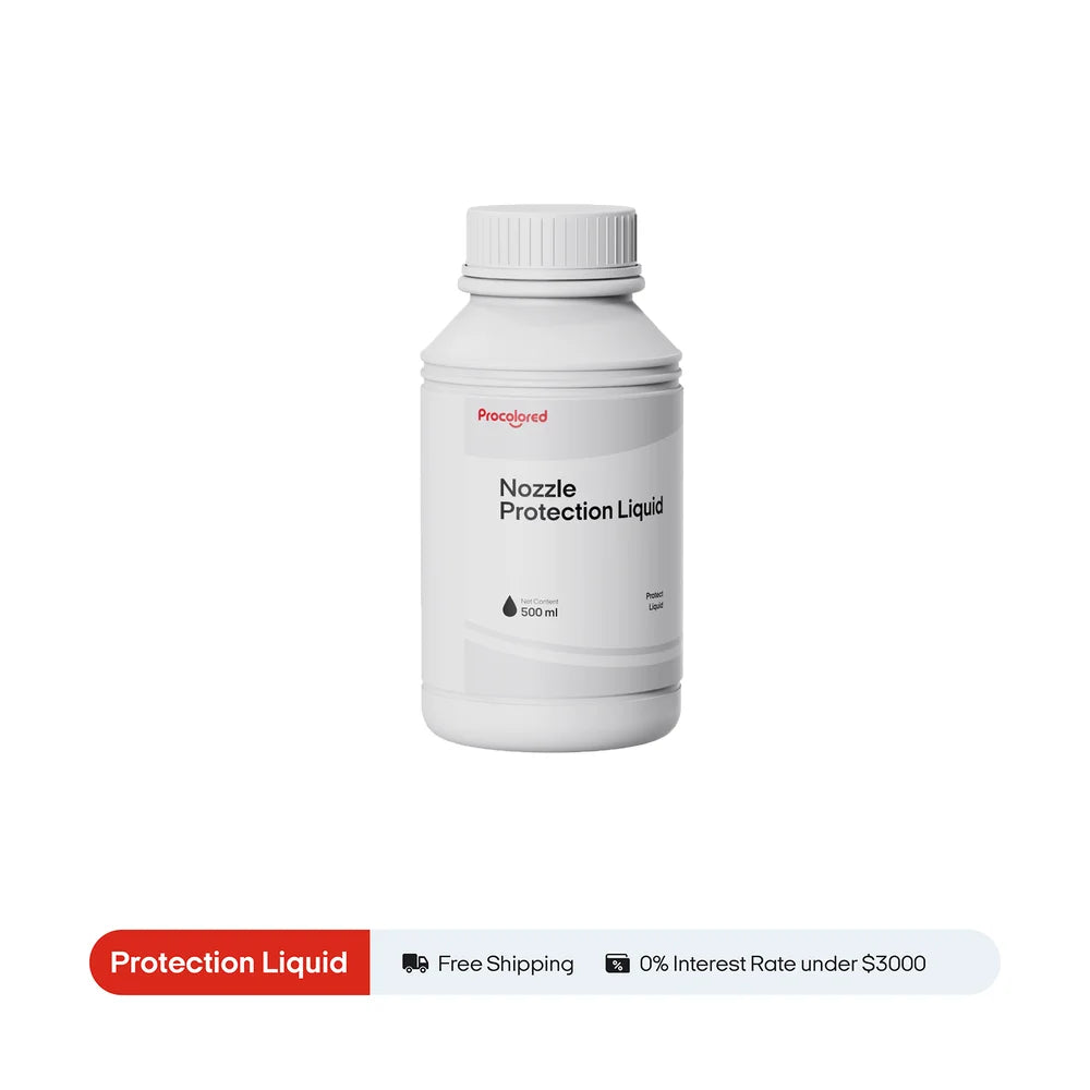 Front bottle view of Procolored Nozzle Protection Cleaning Fluid 500ml above shipping and financing text