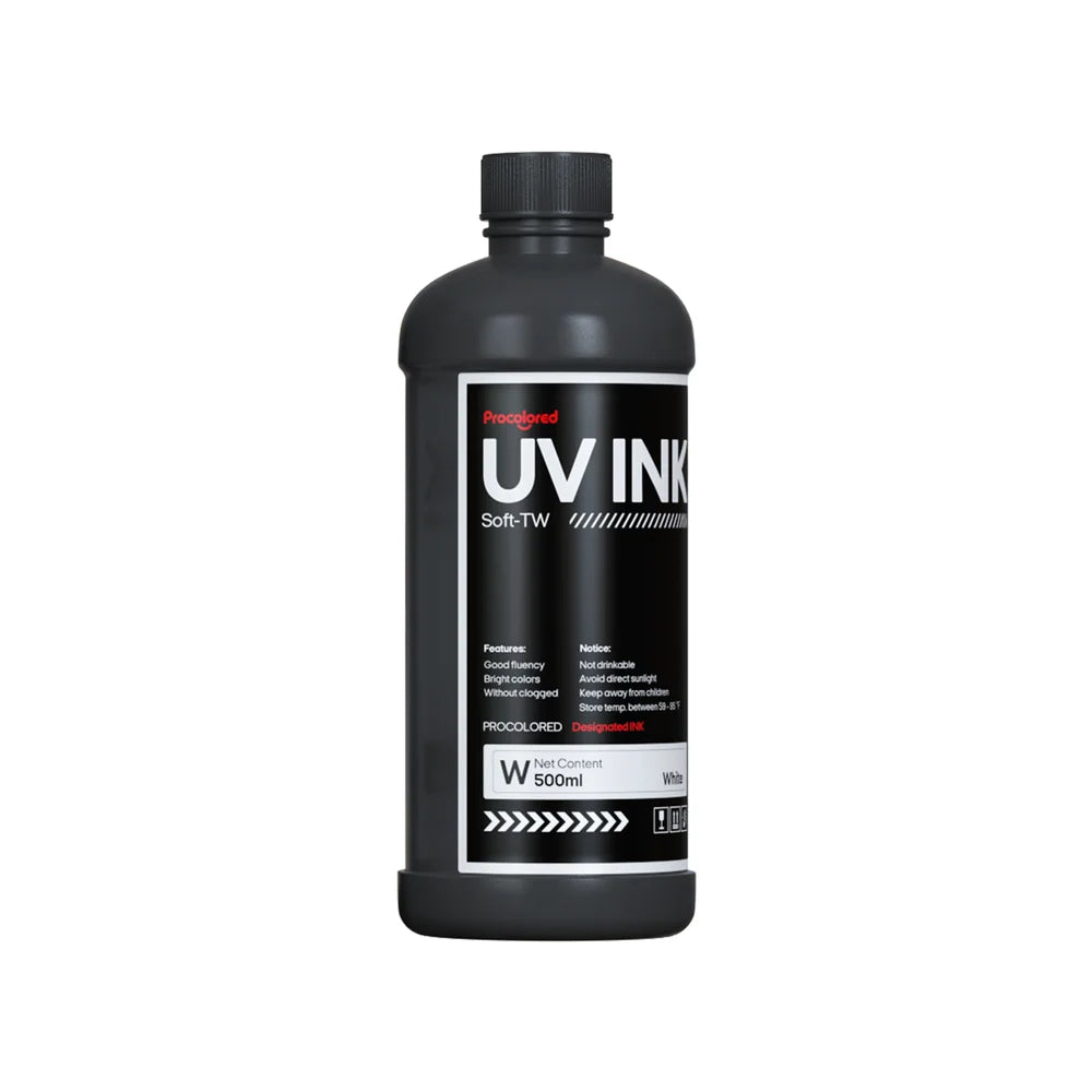 Large front render of Procolored White UV DTF Printing Ink 500ml in a capped black Soft-TW bottle