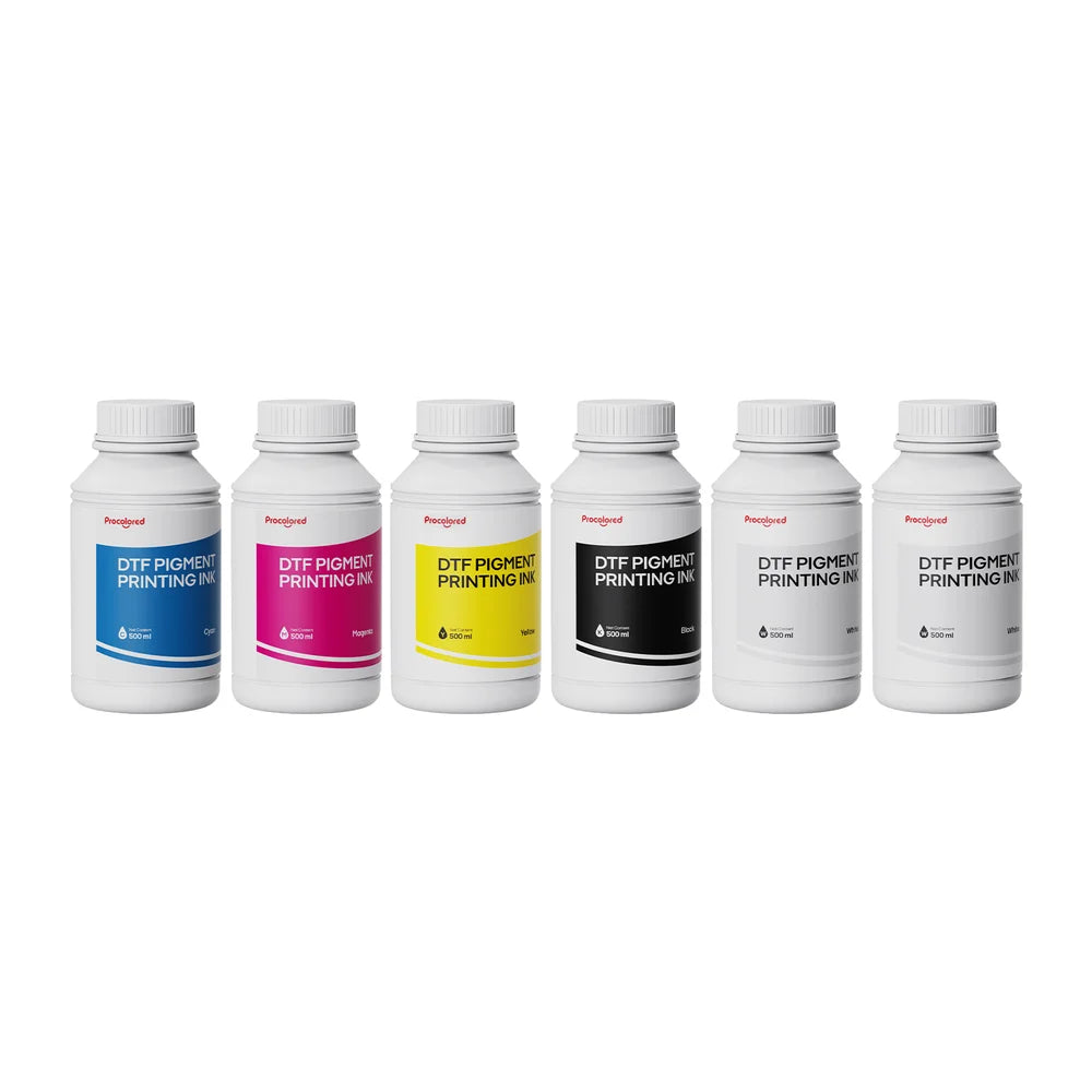 Six Procolored Direct to Film Ink 500ml bottles arranged as cyan, magenta, yellow, black, and two white