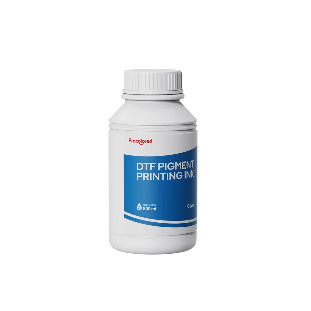 Cyan bottle of Procolored DTF Printer Ink 500ml shown from the front with a blue product label