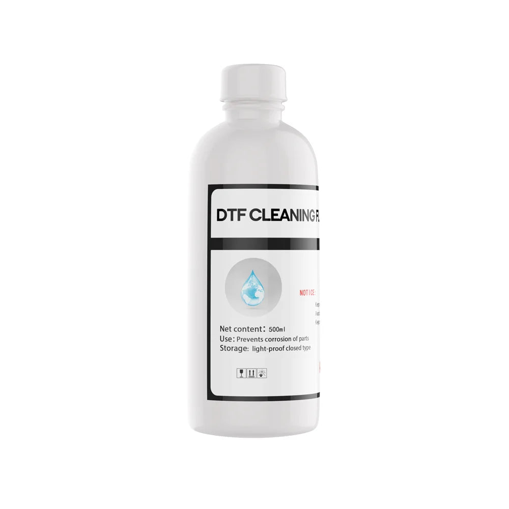 Angled bottle view of Procolored DTF Cleaning Solution 500ml with white cap and droplet label