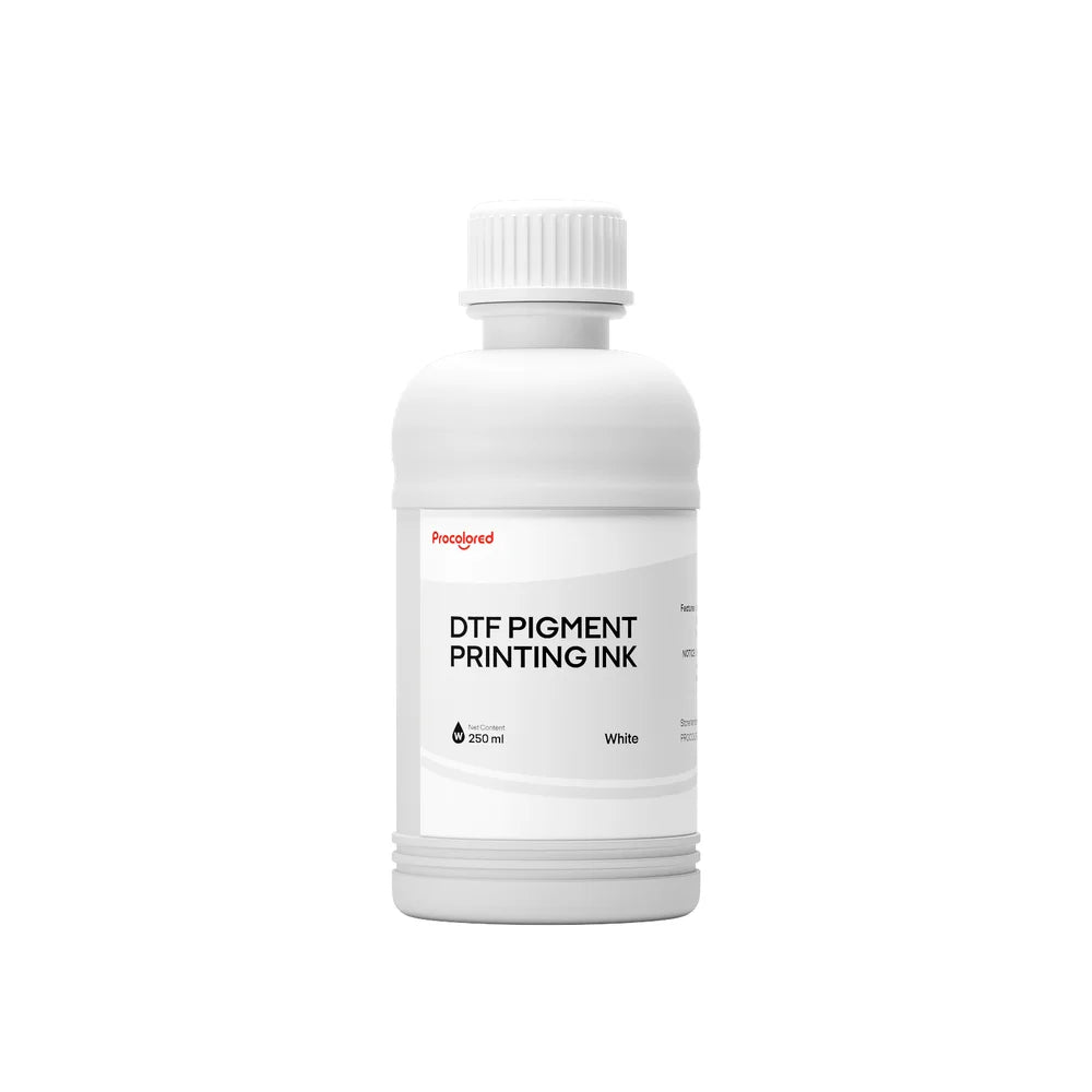 White 250 ml pigment bottle of Procolored Direct to Film Ink with a white cap and gray label