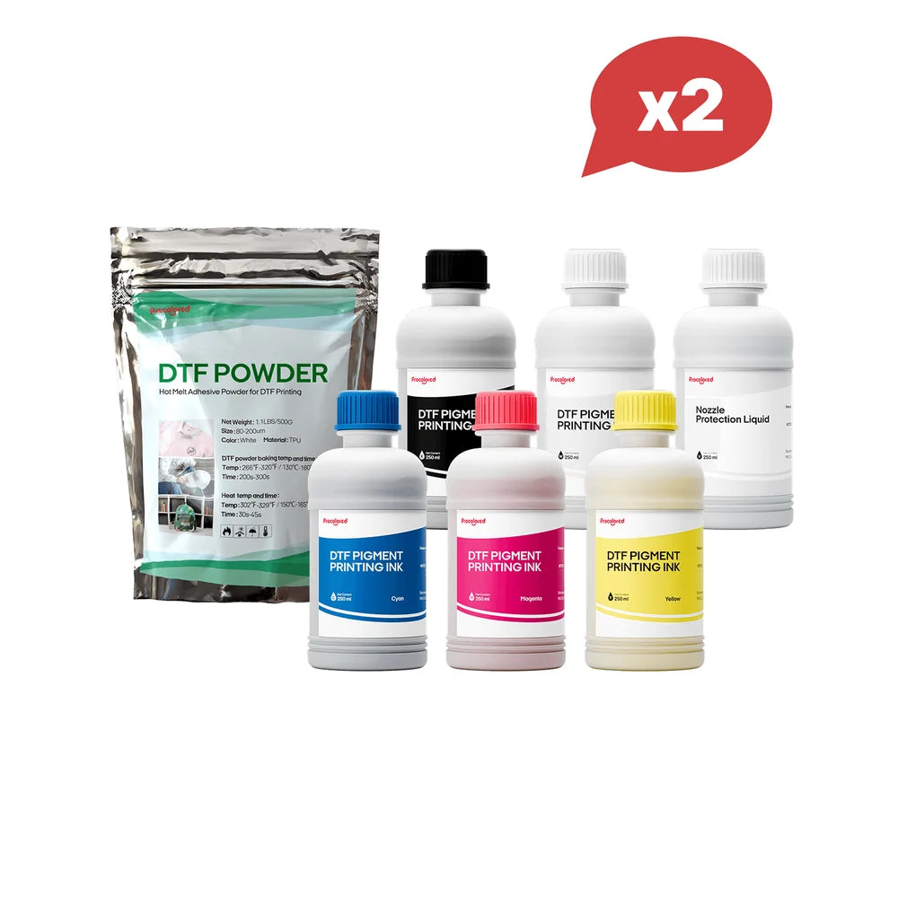 Mixed bundle labeled Procolored DTF Ink 500ml with ink bottles, nozzle liquid, powder, and an X2 badge