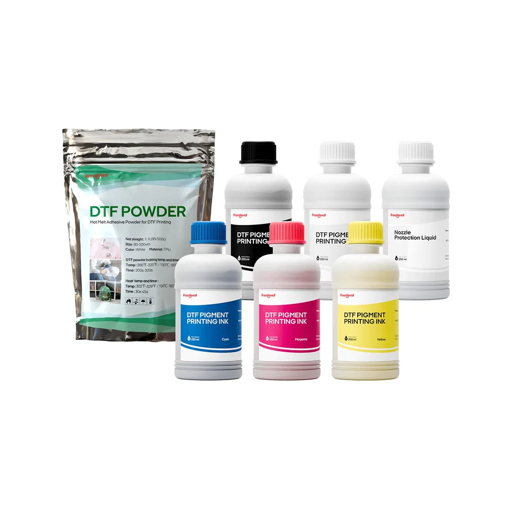 Procolored DTF Printing Ink bundle with six 250 ml bottles and a 500 g bag of white DTF powder