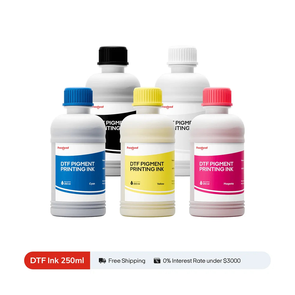 Five-color Procolored DTF Transfer Ink bottle set on white with shipping and financing text below