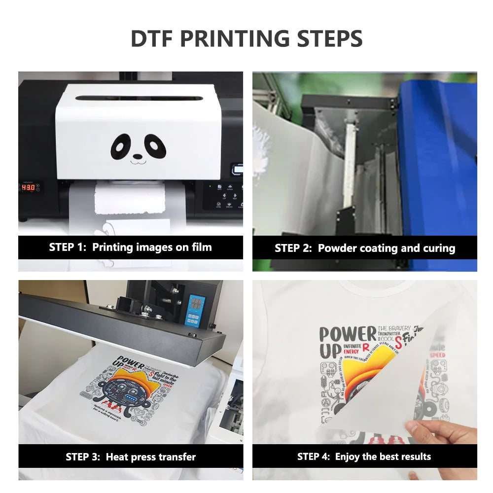 Four-step film, powder, heat press, and peel workflow using Procolored White DTF Ink for garment transfers