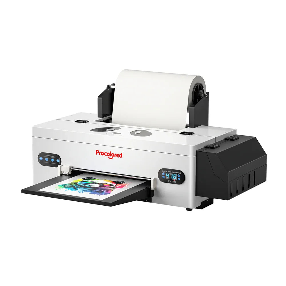Side angle view of the procolored f13 panda dtf printer 13 a3 1800 with film roll, black rear housing and color panda transfer print