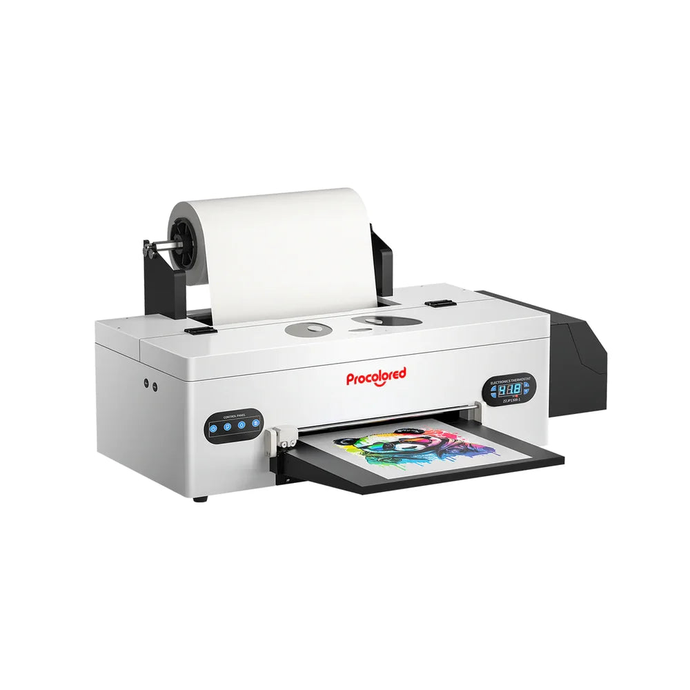 Angled front view of the procolored f13 panda dtf printer 13 a3 1800 with film roll and color panda test print on the tray