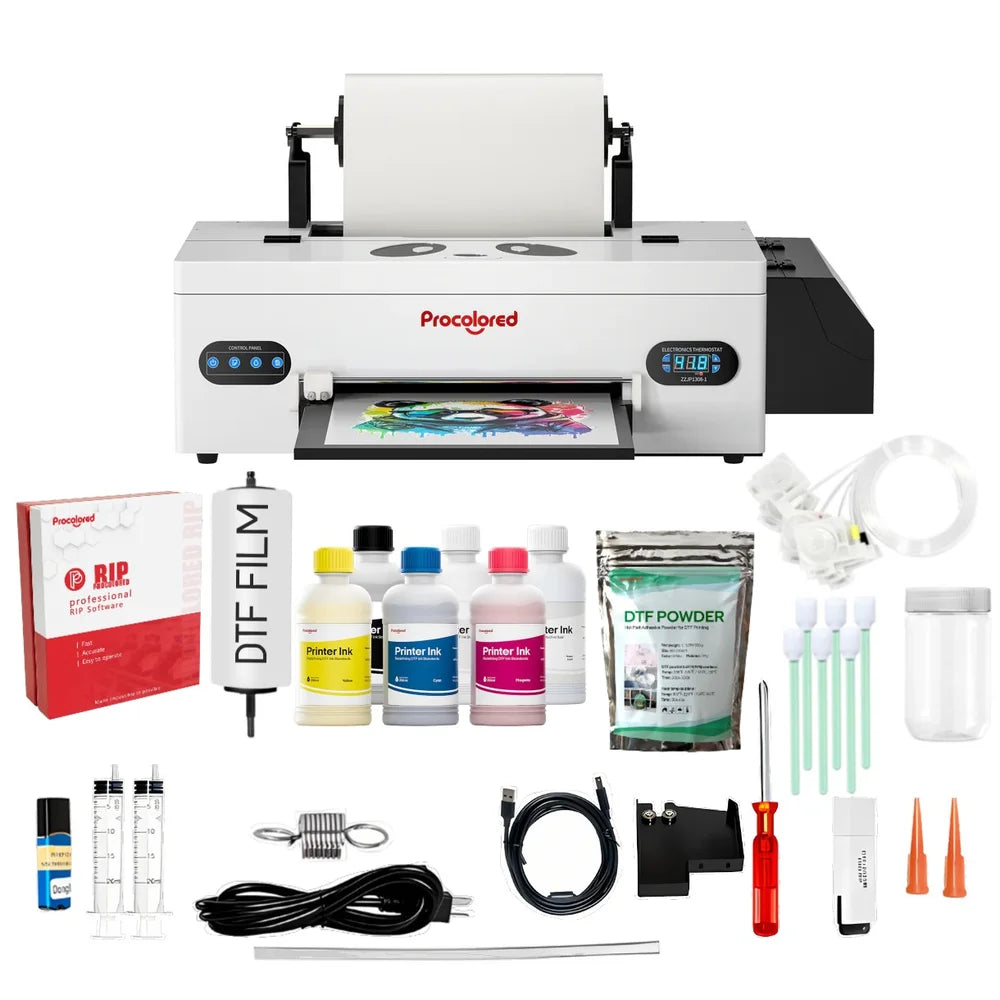 The procolored f13 panda dtf printer 13 a3 1800 complete bundle with ink bottles, DTF film, powder, RIP software and accessories