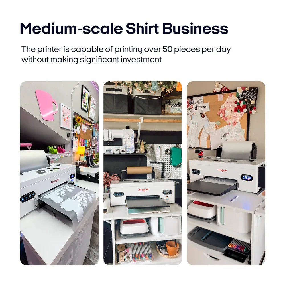 Three home studio photos showing the procolored f13 dtf printer set up for a medium scale shirt business printing over 50 pieces daily